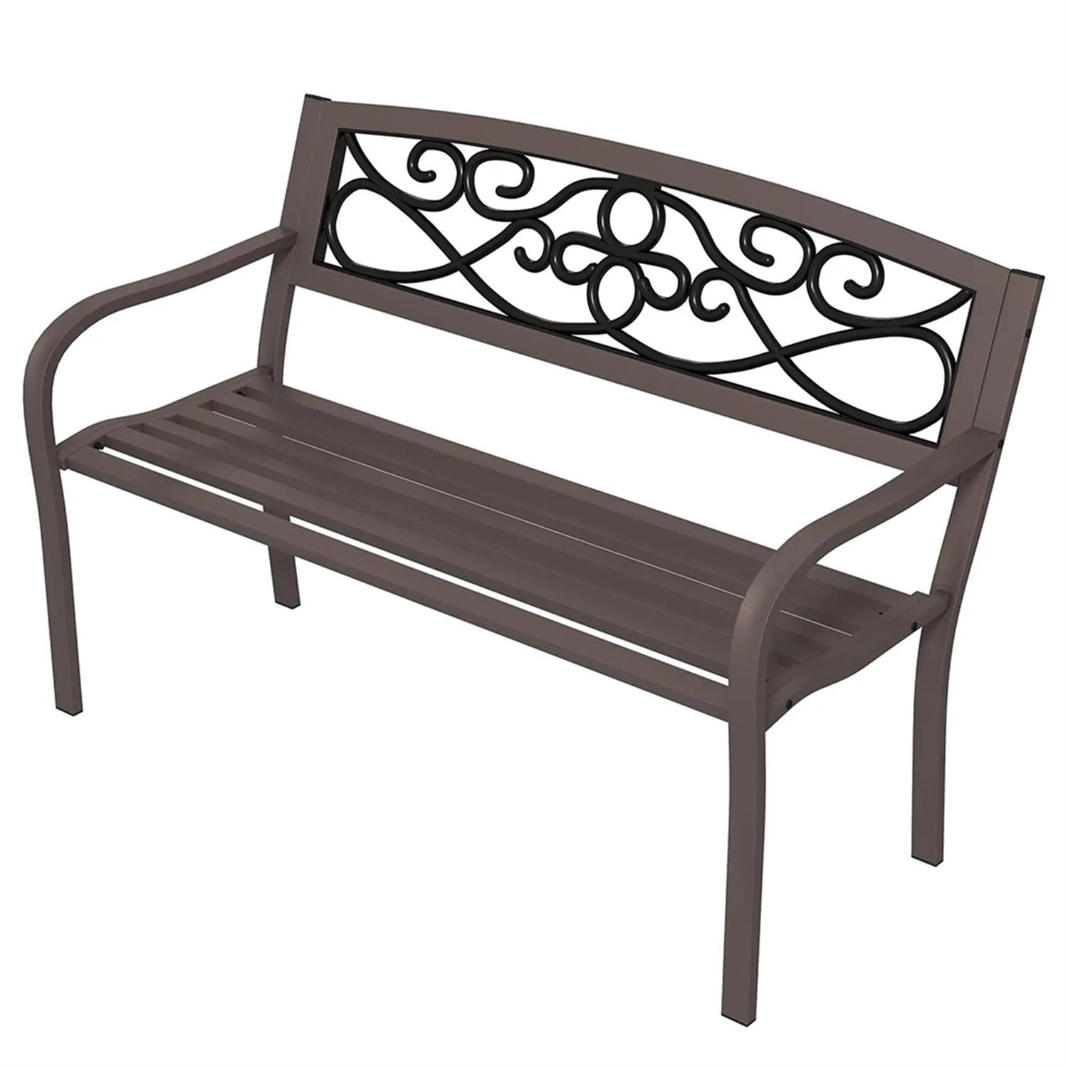 Demi Bonn Patio Garden Bench Metal Park Bench, Outdoor Benches Furniture with Floral Pattern Backrest & Slatted Seat for Patio, Park, Lawn, Yard, Brown
