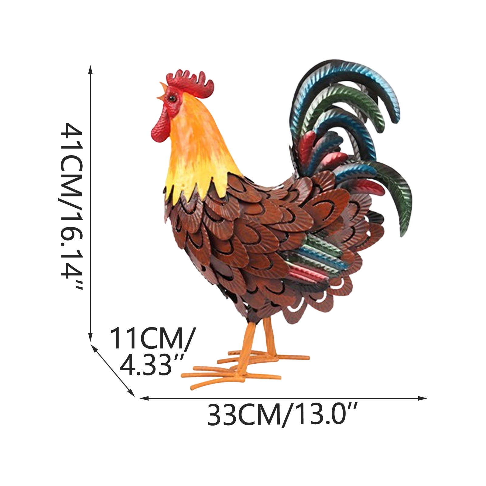 E Hand Painted Iron Rooster Garden Statue With Rustic Finish, Farmhouse Decoration For Yard, Patio, Outdoor Lawn Accent