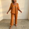 thumbnail image 2 of Morrtic Women's Eyelet Spliced 2 Piece Solid Color Set – Round Neck Half Sleeve Blouse & Wide-Leg Pants, Summer Casual Outfit Orange，XL, 2 of 6