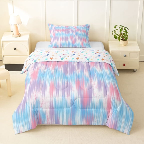 Homewish Pink Blue Gradient Twin Comforter Sets,Modern Abstract Art Bedding Set,Colorful Stars Reversible,2 Pieces,1 Comforter and 1 Pillowcase