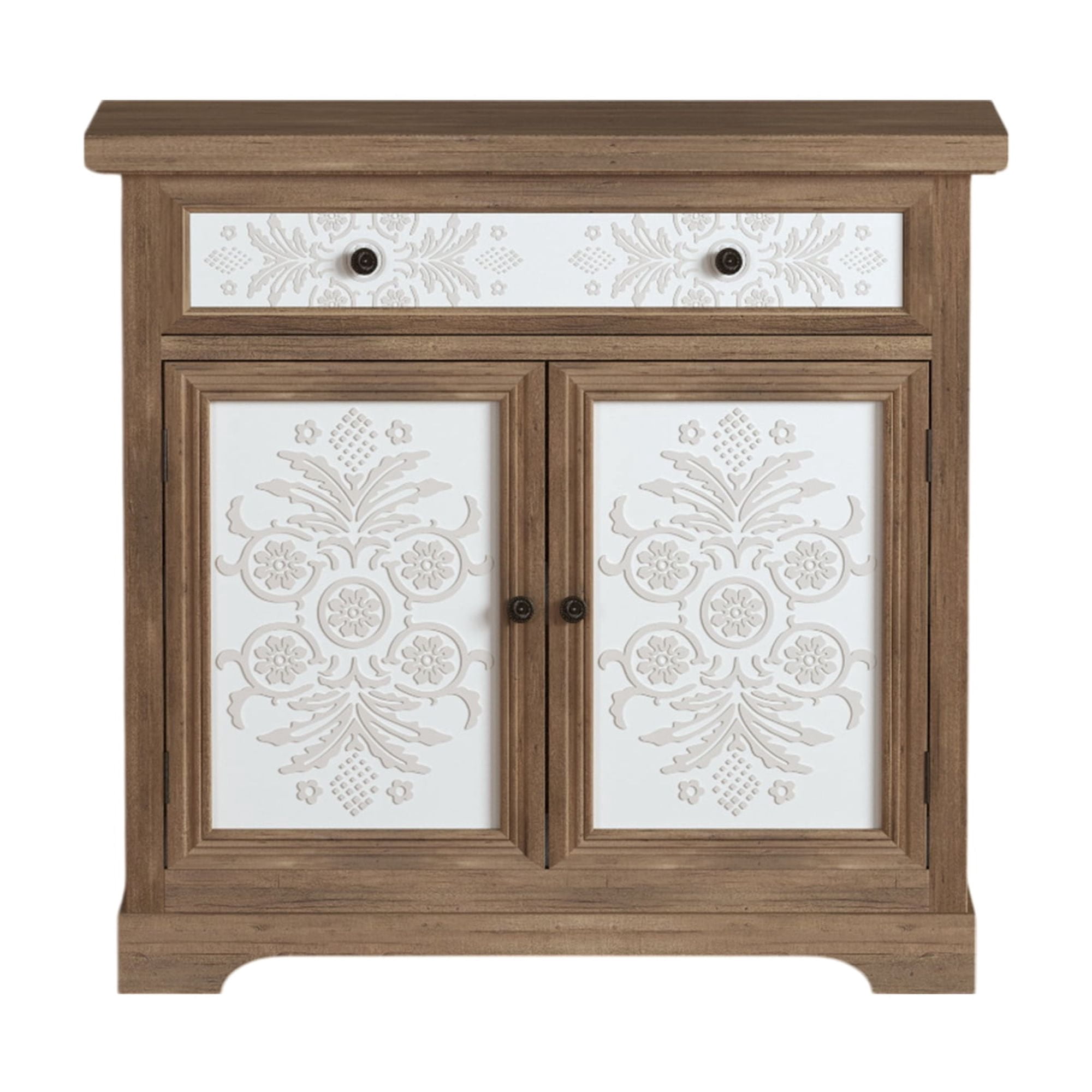 TrumanPick Rustic Vintage Accent Sideboard with Carved Floral Doors, Distressed Wood Storage Cabinet with Drawer, 2-Shelf Farmhouse Organizer for Living Room, Entryway