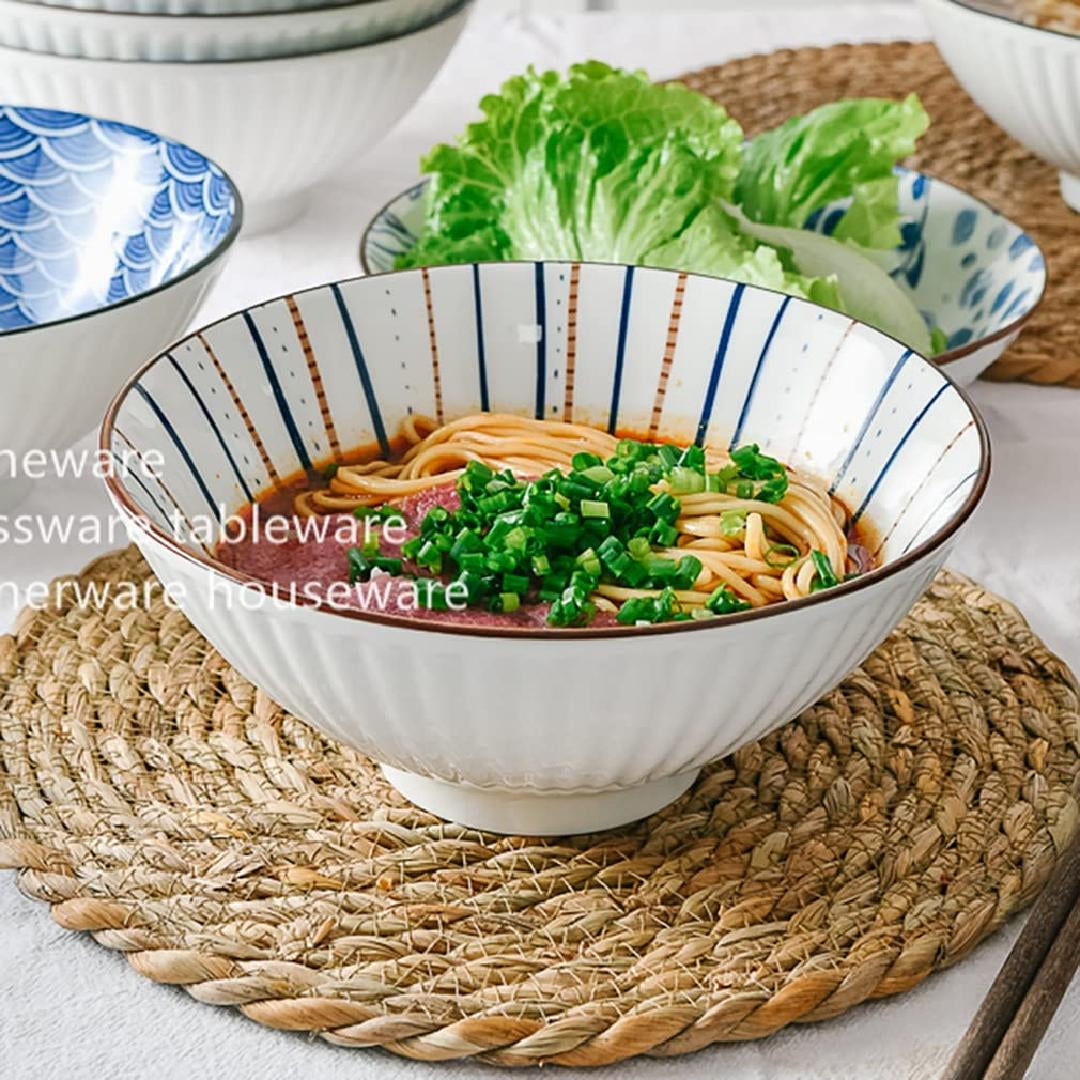 7.5 inch Salad Bowls, 24 oz Ceramic Serving Bowls with Handle, Japanese Irregular Shape Serving Colorful Bowls Set for Salad, Pasta,Soup,Ramen,Popcorn