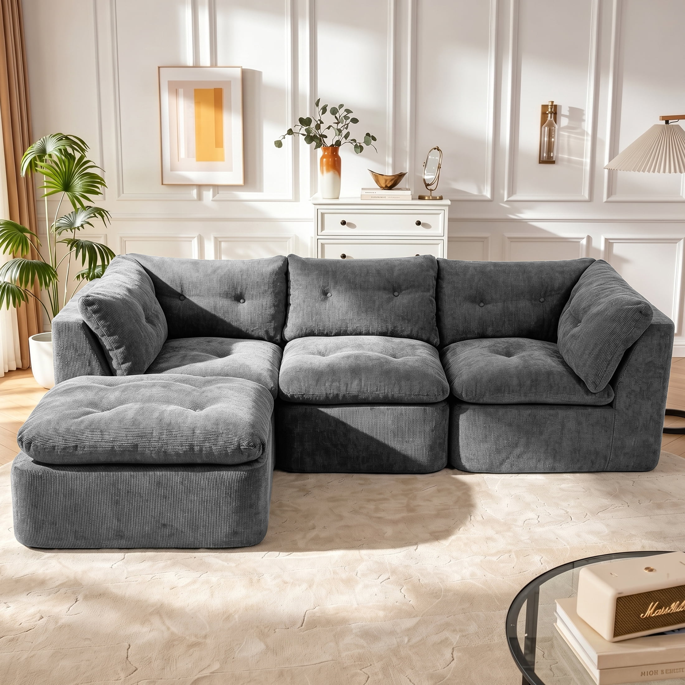 AISWORD Modular Sectional Sofa, Deep Seat Cloud Couch with Ottoman, 4-Seater Convertible L-Shaped Chenille Fabric Couch, Oversized Comfortable Frame-Free Set for Living Room, No Assembly, Grey