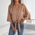 thumbnail image 4 of MaFYtyTPR Women's V-Neck 3/4 Sleeve Blouse Fashion Solid Color Tie Front Burtton Loose Fit Casual Summer Tops A-Khaki XL, 4 of 5