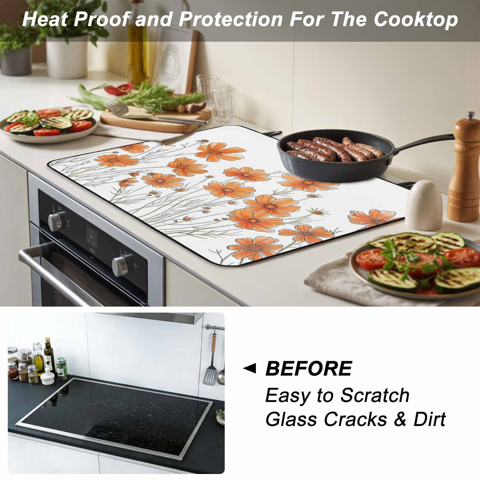 Orange Spring Floral Stove Top Cover for Electric Stove, Heat-proof & Non Slip Glass Top Stove Cover Protector, Summer Botanical Watercolor Daisy Kitchen Flat Cooktop Rubber Mat 28.5x20.5 Inches