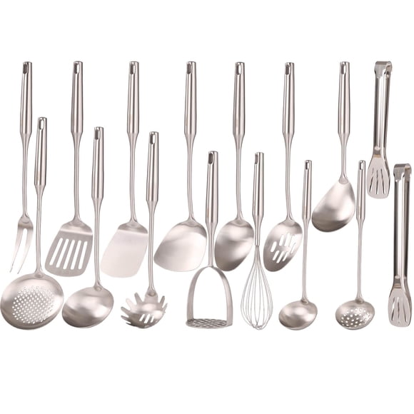 18/10 Stainless Steel Cooking Utensils Set - 16 PCS All Metal Small & Large Kitchen Spoons, Serving Utensils - Whisk, Masher, Fork, Tongs, Solid/Slot