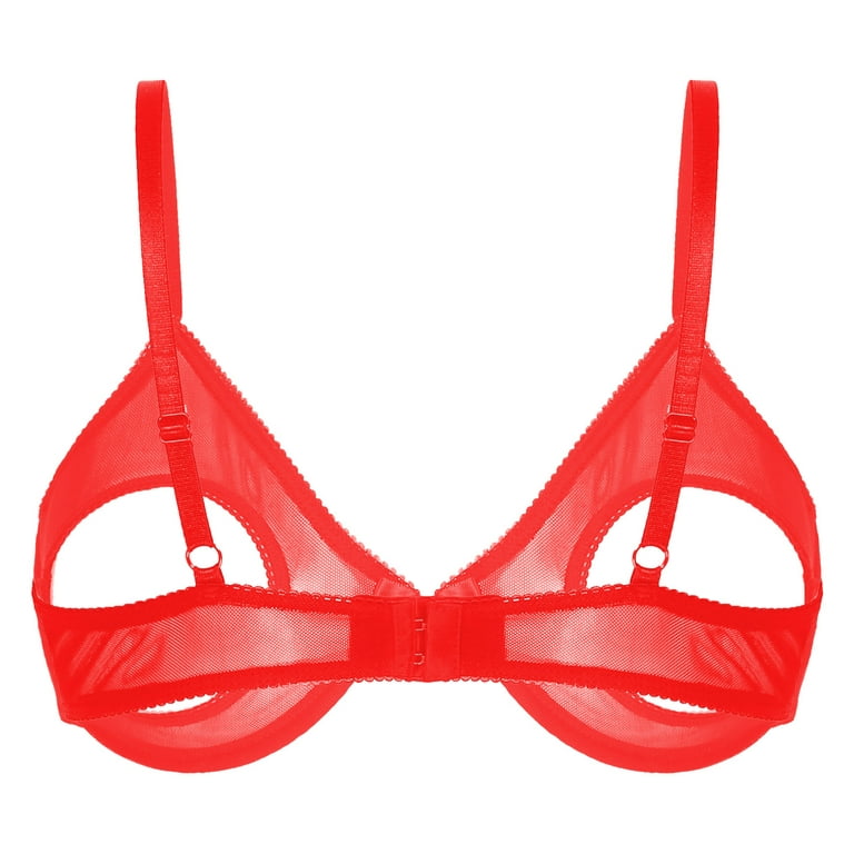 YONGHS Women's 1/4 Cup Bra See Through Mesh Underwear Bralette Hollow Out  Push Up Shelf Bra Tops Red S