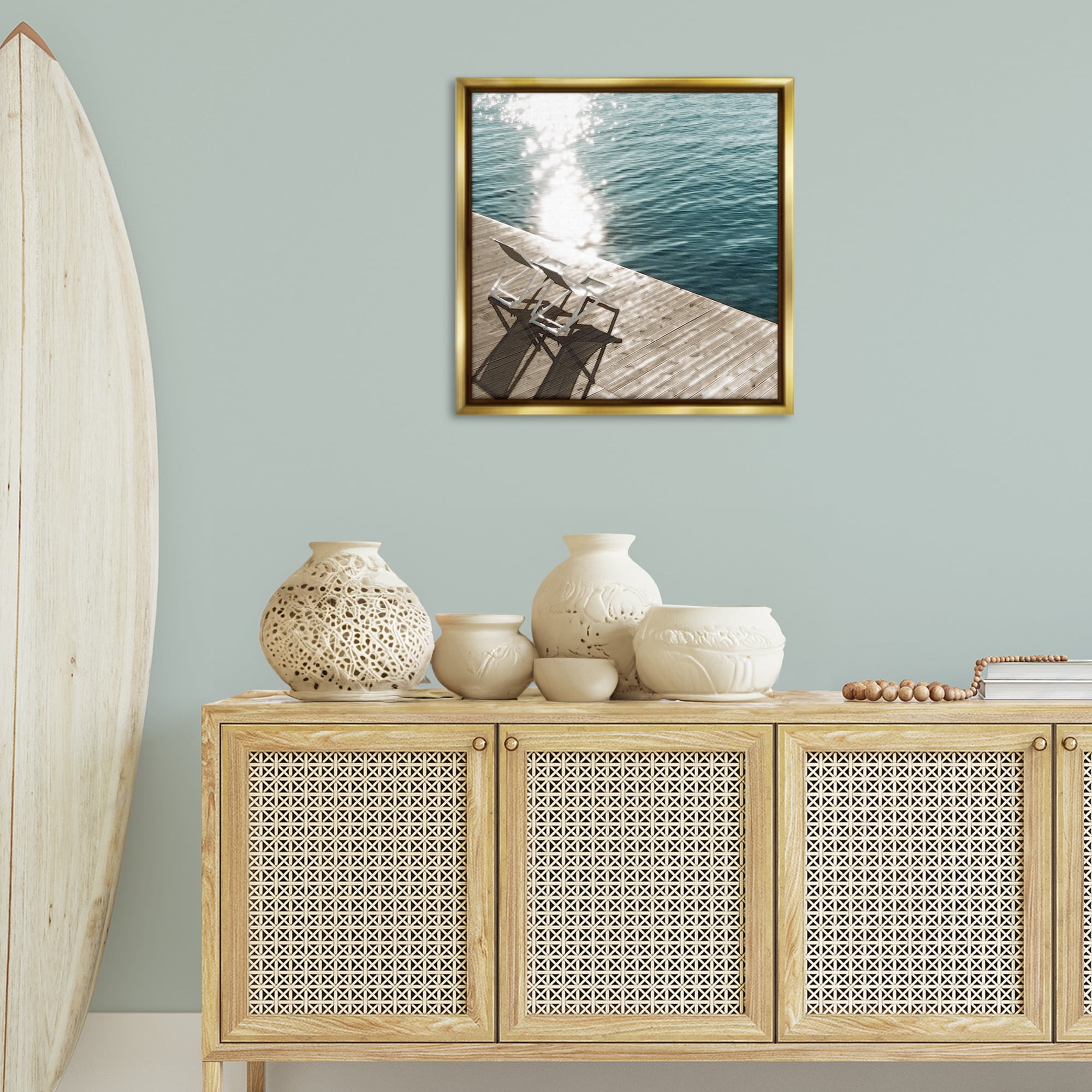 Stupell Industries Deck Chair Shadows Landscape Painting Gold Floater Framed Canvas Art Print Wall Art, 25 x 25
