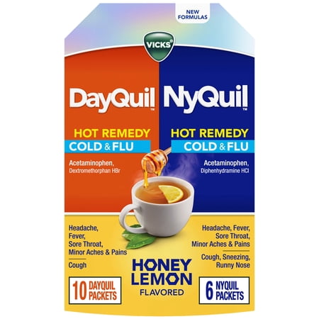 Vicks DayQuil and NyQuil Hot Remedy Cold & Flu Powder, Cold Medicine for Adults, 16 Count