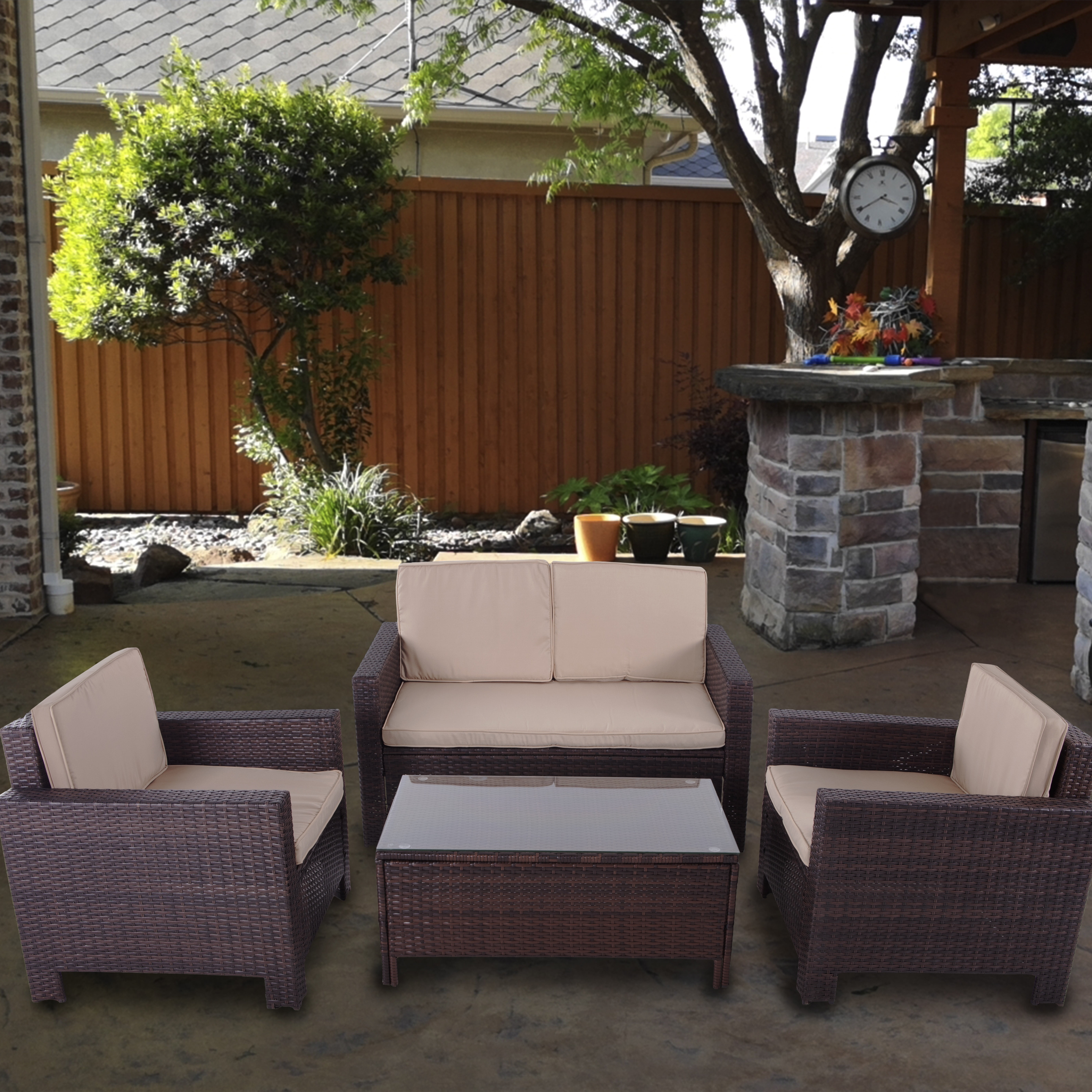 patiobox 4pcs outdoor patio brown rattan wicker furniture set beige