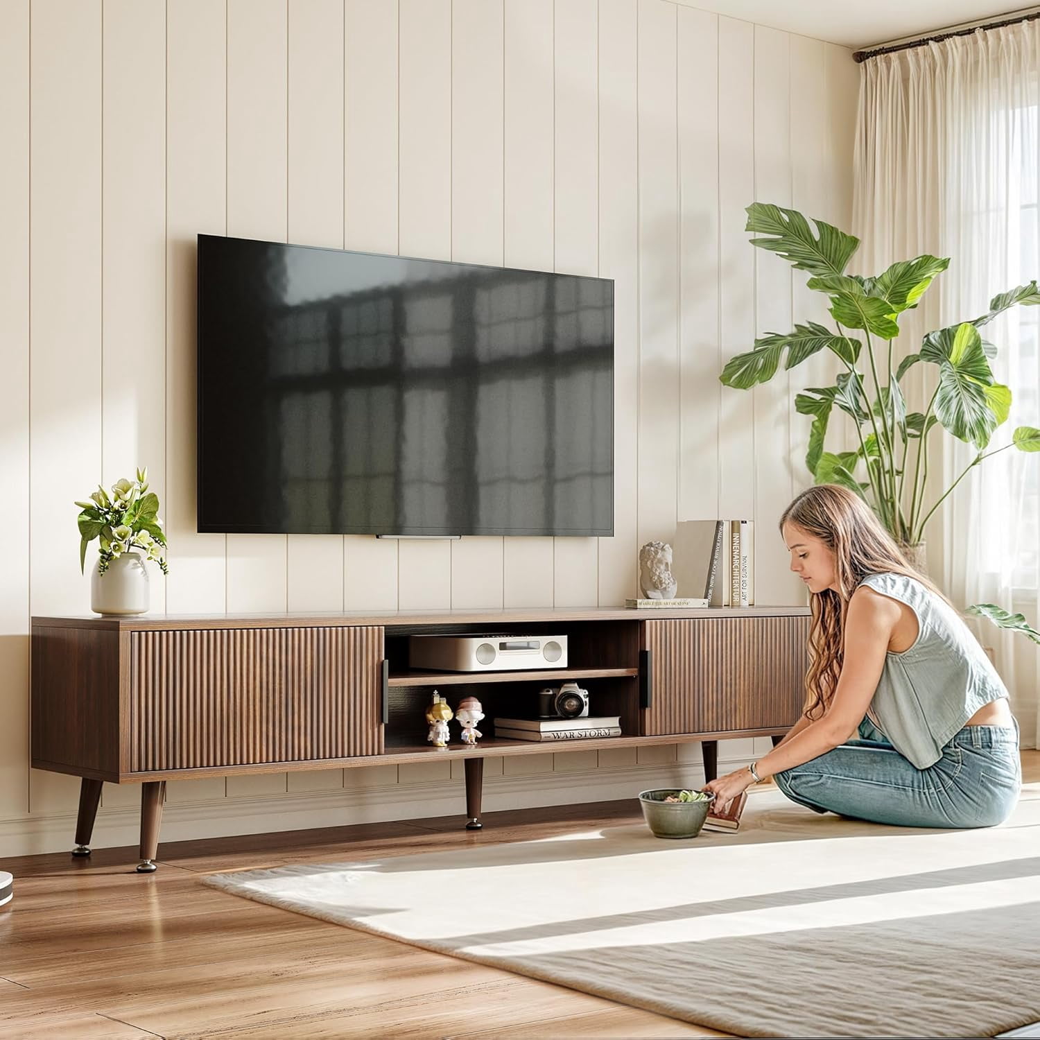 PulseFay Mid Century TV Stand, Modern TV Console for TVs up to 70 Inches, Entertainment Center with Storage, TV and Media Consol, (Walnut)