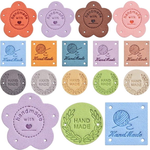 45pcs Colorful Handmade Labels Microfiber Knit Crochet Labels Clothing Embossed Handmade Tags with Holes Embellishments for Jeans Bags Hats Clothing Sewing Craft Decor, 3 Shapes