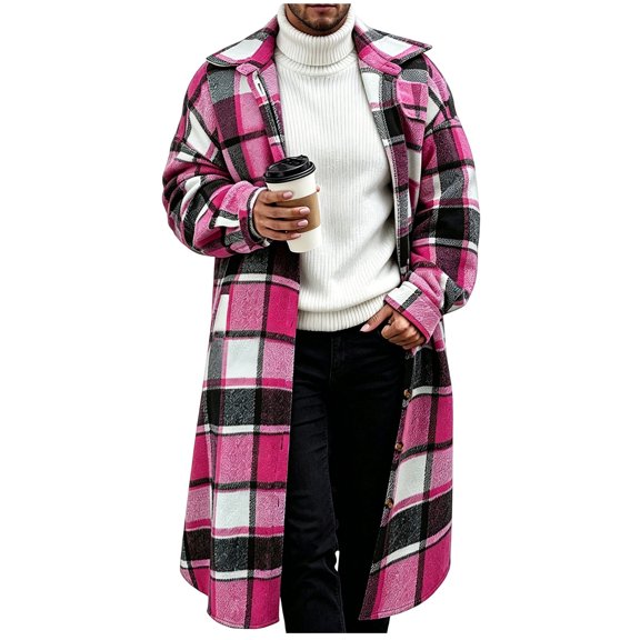 Mifsaly Mens Flannel Jacket Long Plaid Button Down Trench Coat Collared Fall Winter Trendy Street Going Out Travel Vacation Work Office Outfits