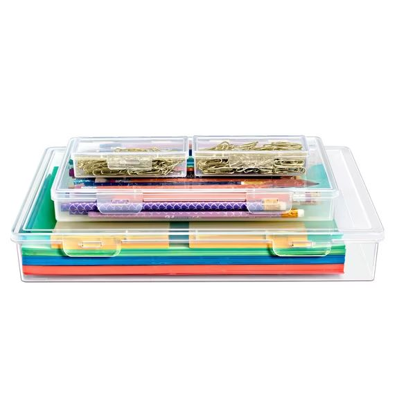 4-Piece Stackable Clear Plastic Document & Paper Storage Box Set for Office Crafts
