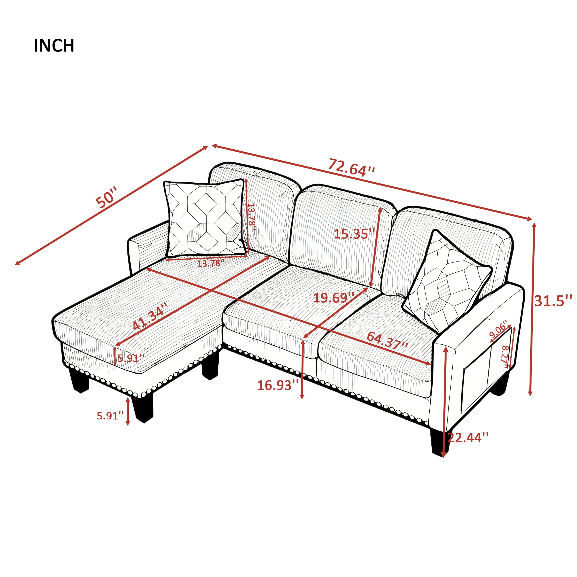 Gewnee 72.64"L-Shaped Sectional Sofa with Movable Ottoman,3-Seater Modern Reversible Chaise,Storage Pocket&Pillows,for Living Room,Office.Black