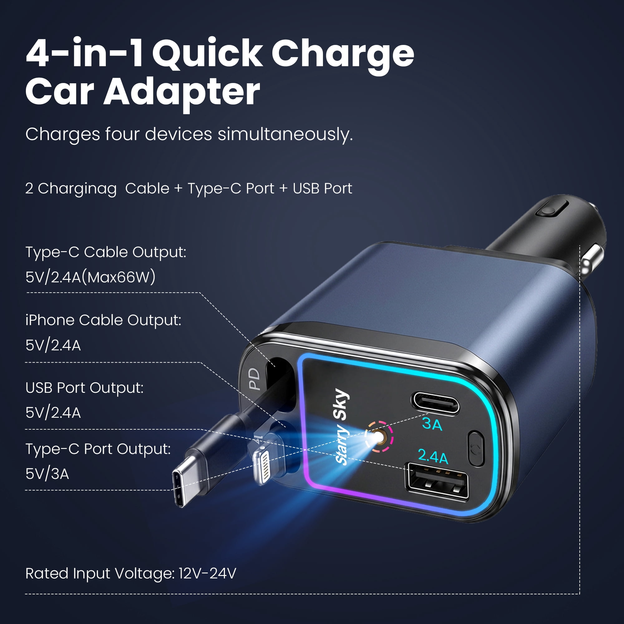 DAYBETTER 4-in-1 Car Charger with Light & Star Projector, Fast Charging with USB-C & A for iPhone, Galaxy, Samsung, Car Accessories for Mother’s Day gifts