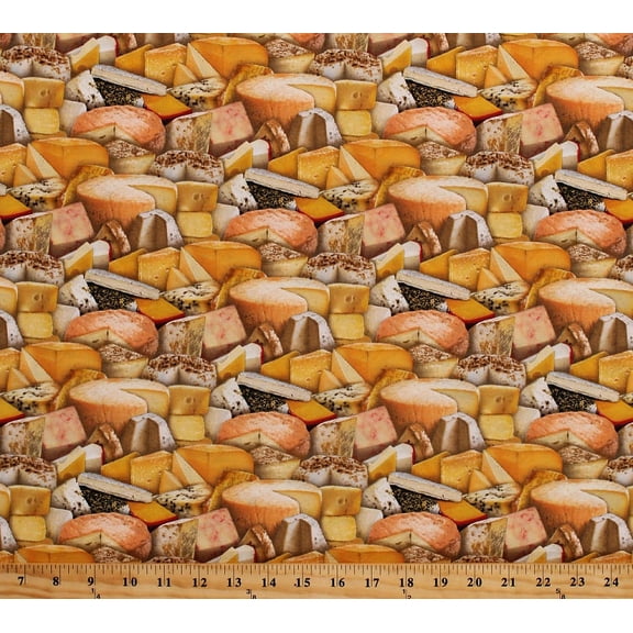 Cotton Cheese Blocks Wedges Cheeses Types Gourmet Cooking Chef Kitchen Food Festival Cotton Fabric Print by the Yard (388MULTI)