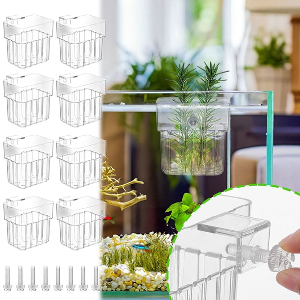Set de soporte para cesta colgante para plantas de acuario, portaacrílicos transparentes de ABS en pack de 8 con anzuelos para plantas hidropónicas de acuario y decoración Aquascape