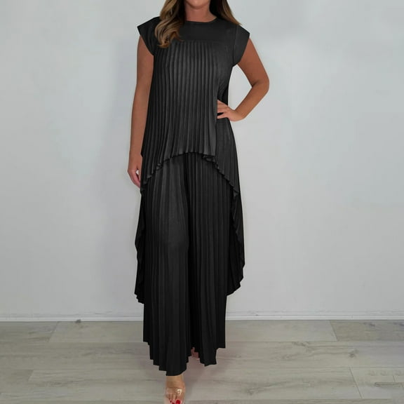 Lounge Stain Sets for Women Trendy 2 Piece Ruffled Sleeveless Crewneck High Low Hem Tops Loose Blouse Oversized Wide Leg Pants Casual Pleated Outfits Tracksuit