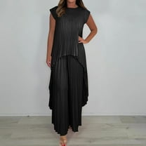 Mqqzkk Women's 2 Piece Outfits Suit Set Round Neck Short Sleeve Pleated Top & Wide Leg Ruffled Pants Office Business Work Wear