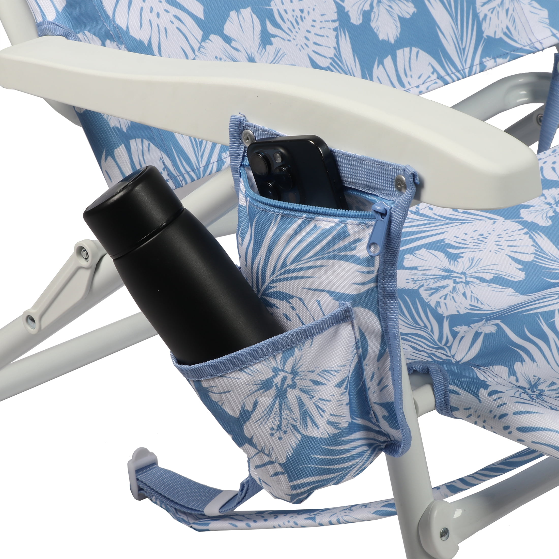 Mainstays Oversized Reclining Beach Chair with Backpack Straps, Blue Palm Print