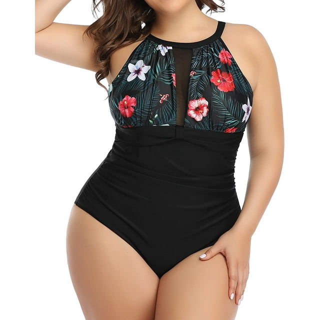 Plus Size Swimsuit Women One Piece Swimsuit Tummy Control High Neck Bathing Suit Ruched Swimwear