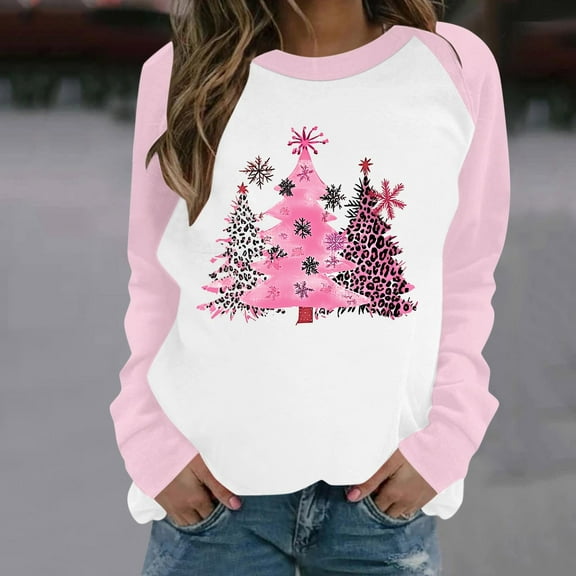 asdoklhq Christmas Sweatshirts for Women Casual Christmas Printed Long-sleeved Round-neck Raglan Sweater Pink S
