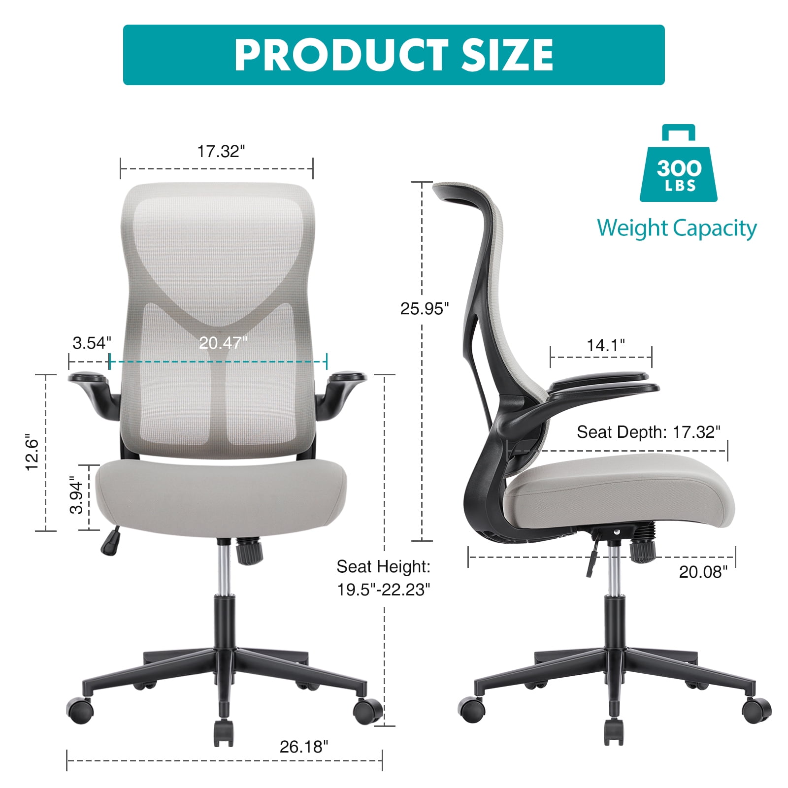 MAYEERTY Ergonomic Office Chair, Comfort Home Office Task Chair, Flip-up Arms and Adjustable Height, Gray