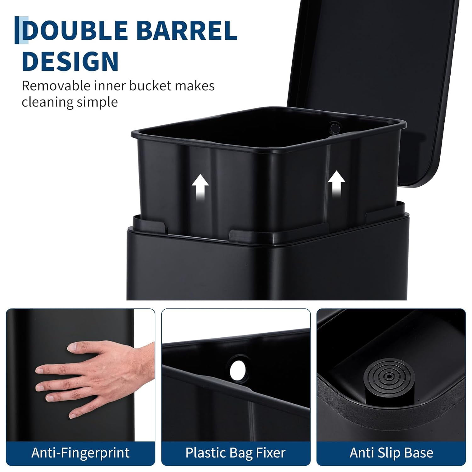 13 Gallon Kitchen Trash Can, Stainless Steel Step Garbage Bin with Soft-Close Lid & Removable Bucket, Fingerprint Proof, Slim for Narrow Spaces, Bathroom or Office (Black+Silver, 13 Gallon)