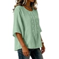thumbnail image 5 of thefmos Women Summer Boho Linen Tops 3/4 Sleeve Round Neck Embroidery Casual Loose Pullover Blouses Solid Fall Fashion Tunic, Green M, 5 of 9