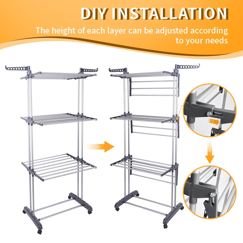 4-Tier Clothes Drying Rack w/ Casters,  Clothes Dryer Hanger Stainless Steel Garment Laundry Racks Movable with Foldable  Indoor Outdoor Bedroom Balcony