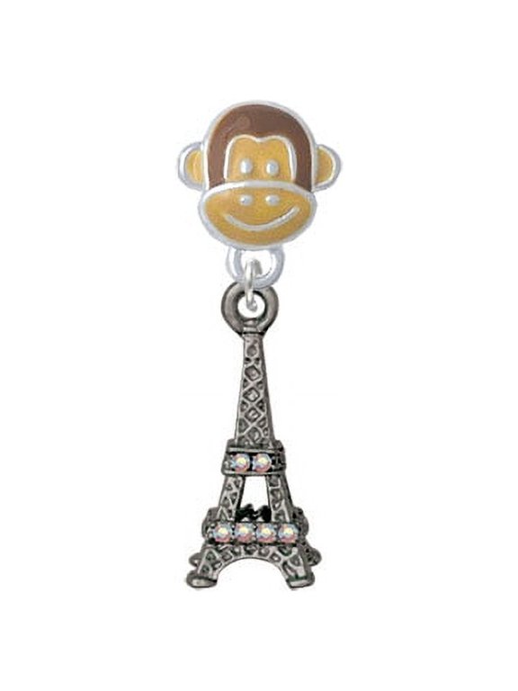 Black Nickel Tone AB Crystal Eiffel Tower - Monkey Face Charm Bead