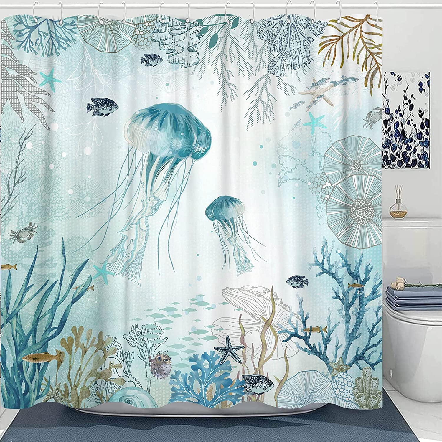 Sonernt Sea Turtle Shower Curtain Ocean Creature Landscape Shower Curtains  Beach Theme Bathroom Decoration Fabric, 72x72 Inch 