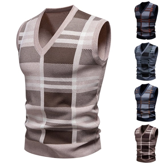 YFNNUP Men's Plaid Sweater Vest V Neck Pullover Knit Tank Tops Regular Fit Sleeveless Sweaters Dark Blue M