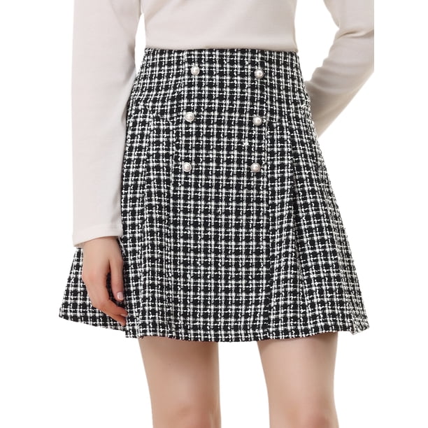 Mini Falda de Tweed a Cuadros Allegra K Talle Alto con Decoración de Botones Blanco negro M
