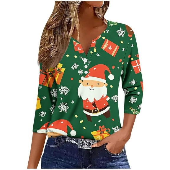 Christmas Womens 3/4 Sleeve Pullover Tops Ugly Sweater Style Holiday Party Festive Long Sleeve Lightweight Cropped Hooded Casual Business Wear