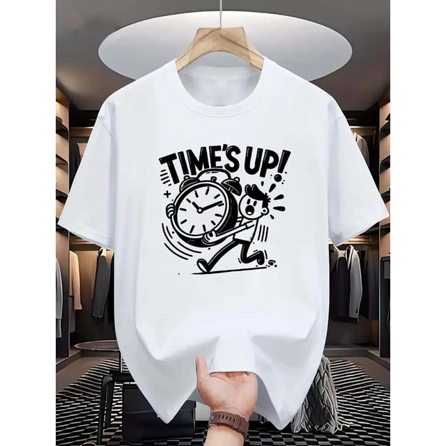 TIME's UP Graphique pour Hommes et Femmes 100 % Coton Respirant Réveil Amusant & Design de l'Heure avec Lettrage Noir Imprimé Motif Chemise à Manches Courtes