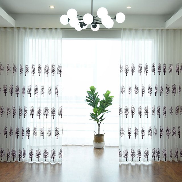 Rideau de Fenêtre Mode Broderie Plante Voile Rideau Transparent pour Chambre