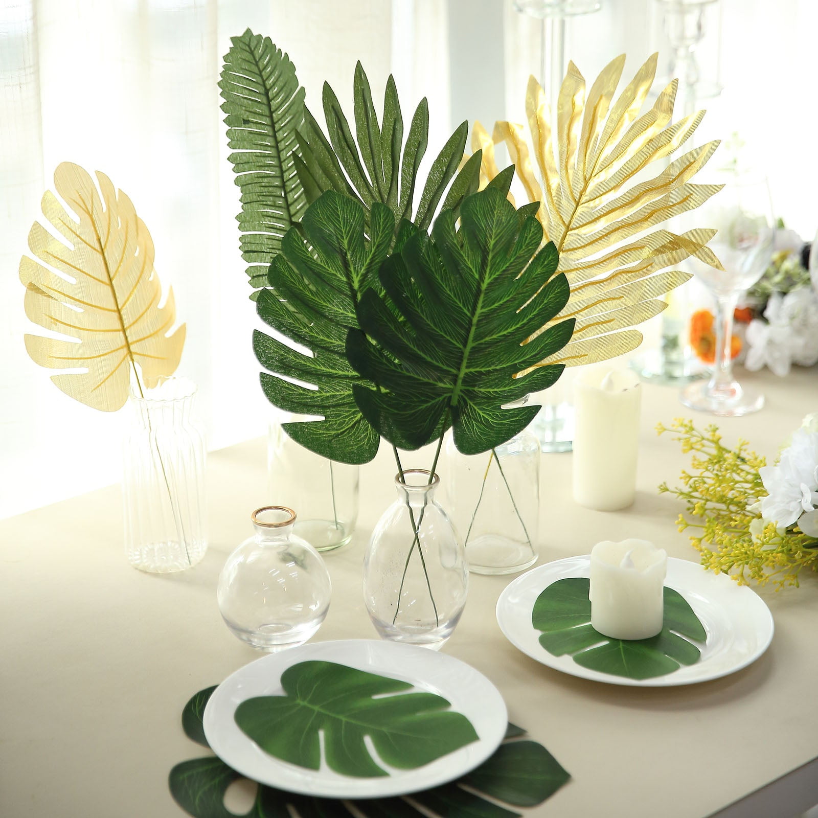 ShoppeWatch Artificial Gold Palm Leaves with Stem (30 Pcs) 3 Sizes |  Tropical Wall Decor | Philodendron Monstera Fronds | Wedding Party  Decorations 