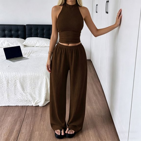 LEKWK Two Piece Sets for Women Sleeveless High Neck Pleated Tank Tops and Elastic Waist Wide Leg Pants Summer Fashion Casual Vacation Daily Wear