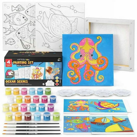 UPC: 0840098725290 | Arteza Kids Ocean Scenes Paint Kit 4 8×8 Canvases Brushes & Paints – 4 Pack