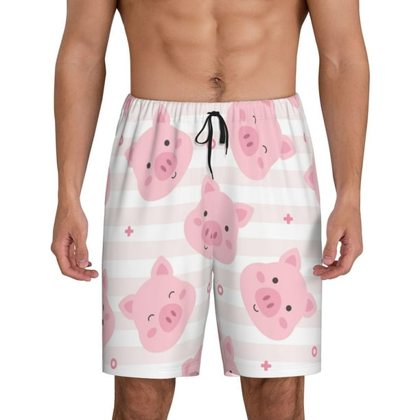 Balery Cartoon Pig Pantalones cortos de pijama de punto de algodón para hombre con cinturilla y bolsillos-Medium