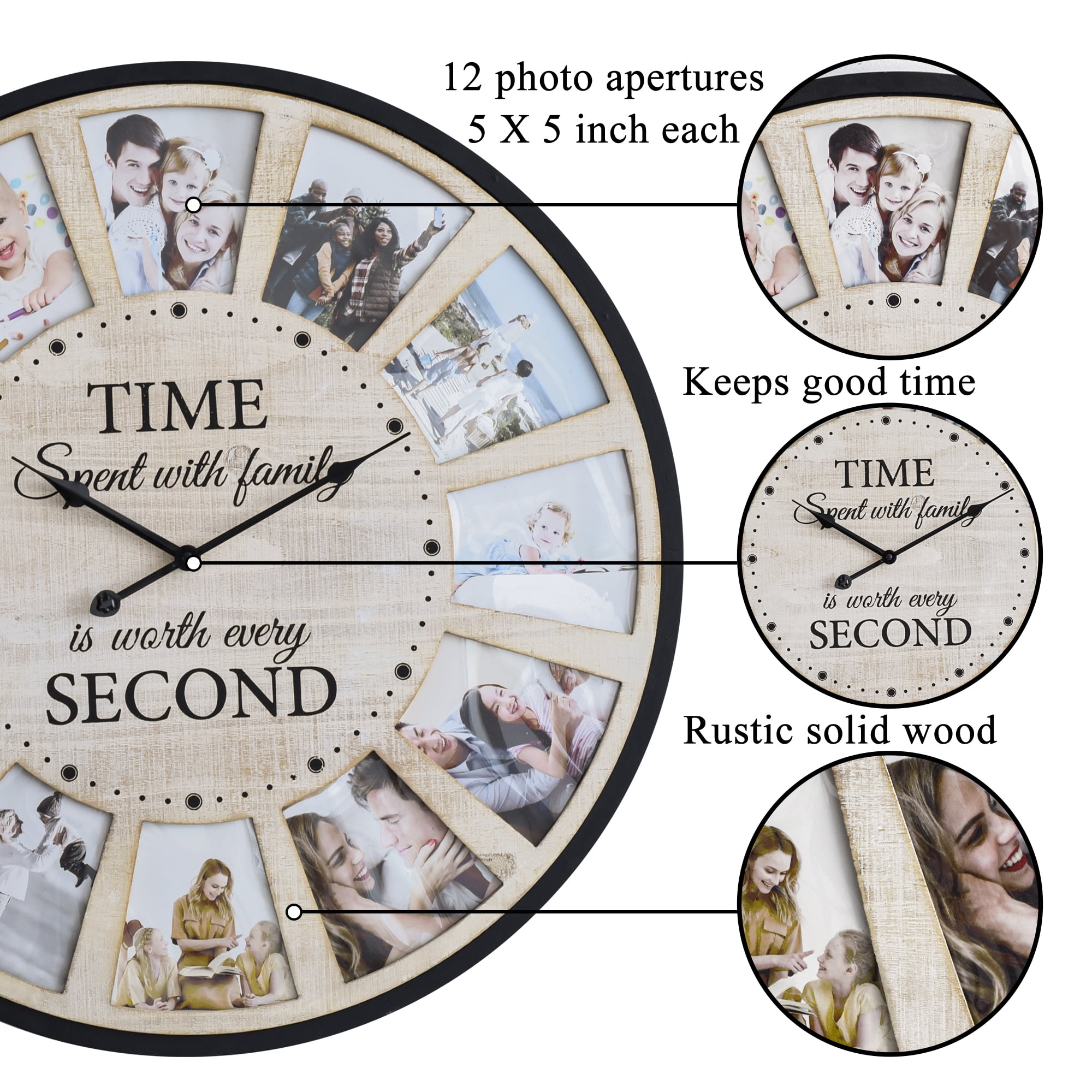 MODE HOME Rustic Farmhouse Wood Wall Clock with 12 Photo Collage, Large Oversized Wall Clock for Home, Kitchen, Living Room, Silent Battery Powered 24 inch Natural