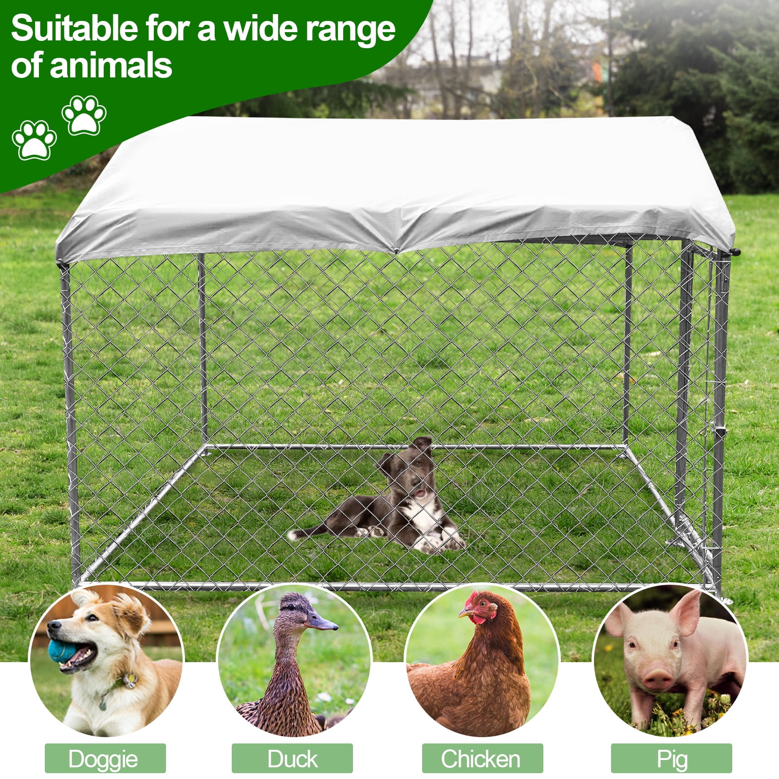Outdoor Dog Kennel with Roof, 78.7" x 78.7", Galvanized Steel Exercise Pen for Small to Medium Dogs, 43 sq ft