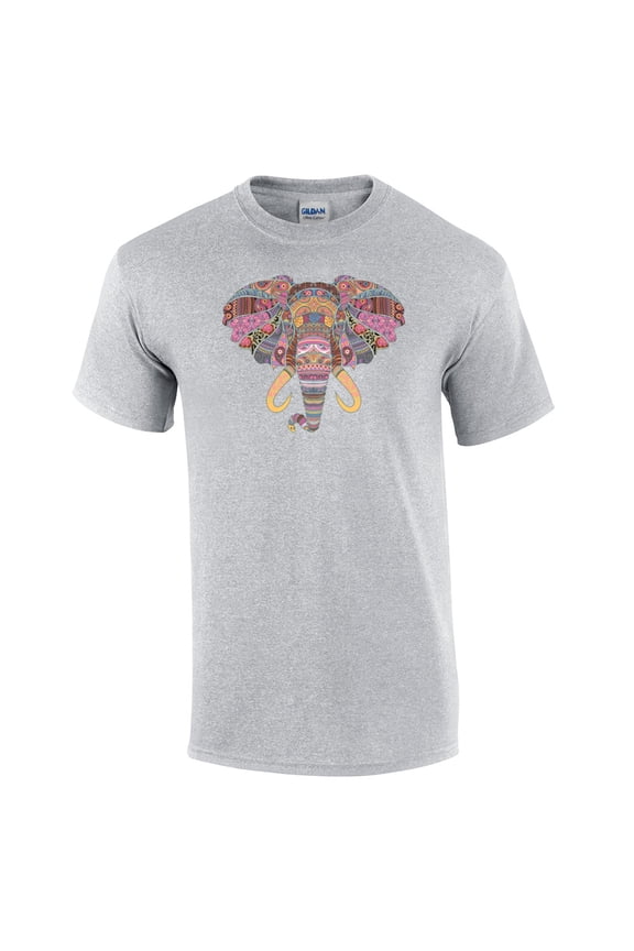 Patternized Colorful Elephant Face Short Sleeve T-shirt-Sportsgray-XXXL