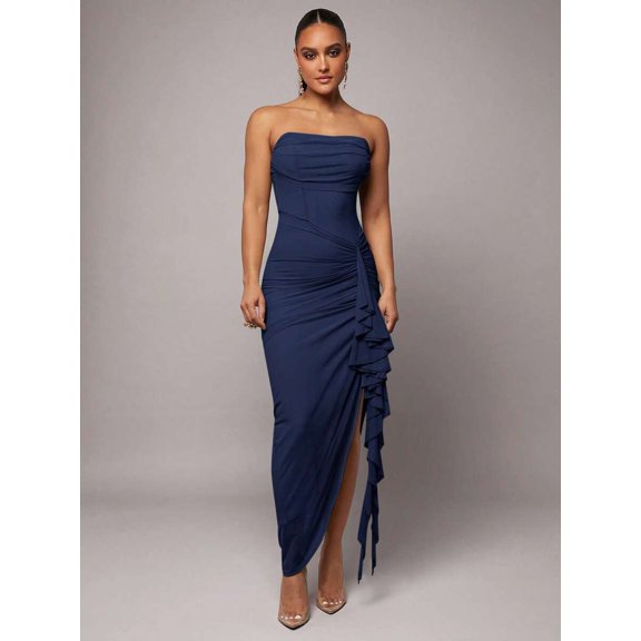 Navy Blue Strapless Ruched Maxi Dress With Asymmetrical Ruffle Side Slit Elegant Evening Gown