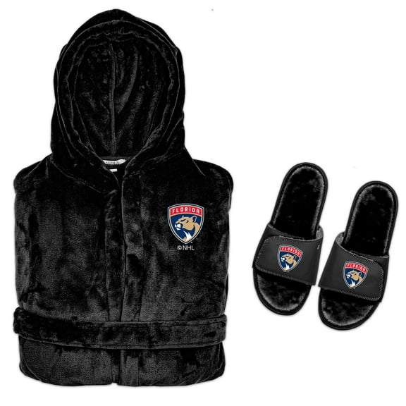 Men's ISlide  Black Florida Panthers Hooded Phantom Robe & Fur Slide Bundle