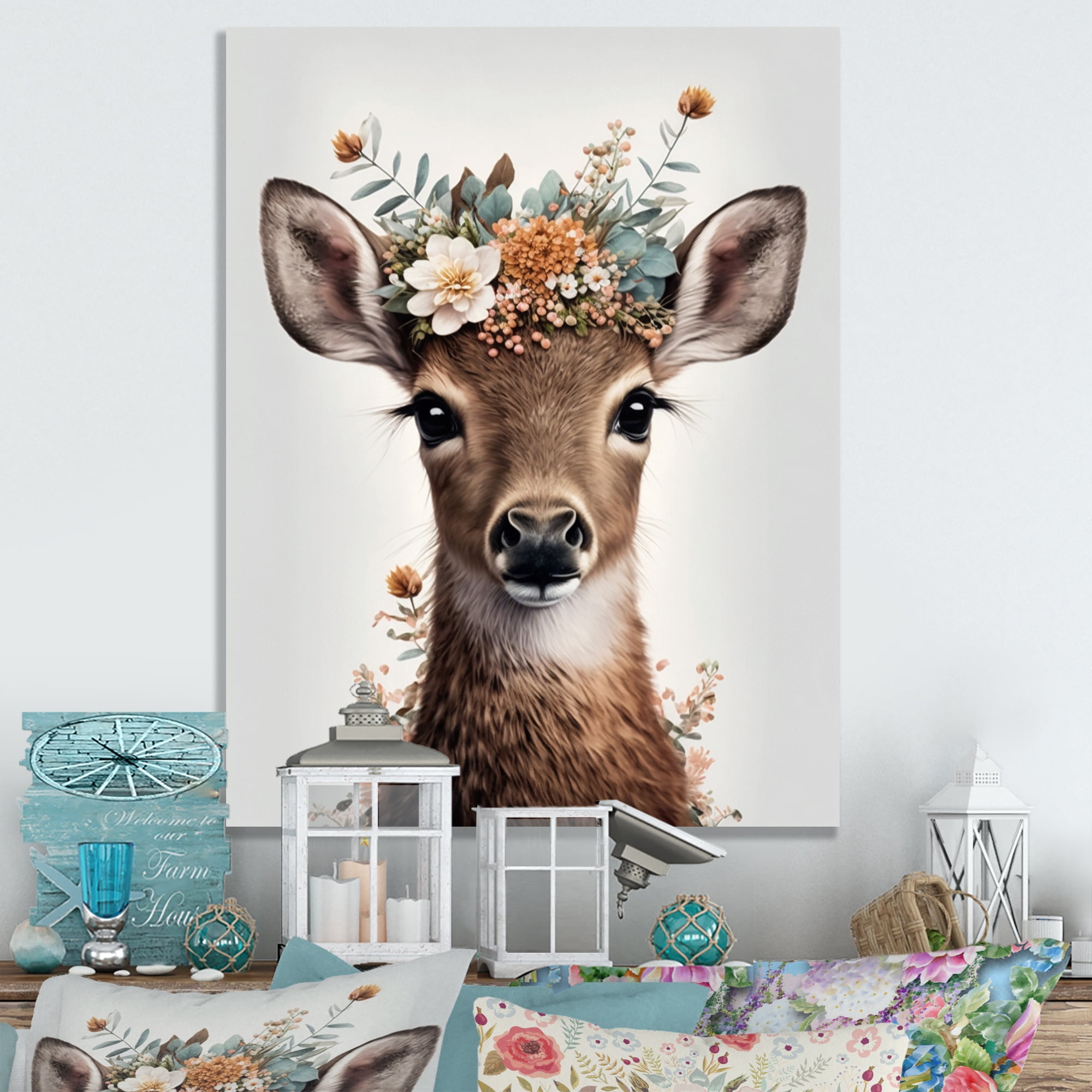 Designart Cute Baby Deer With Floral Crown II Canvas Wall Art