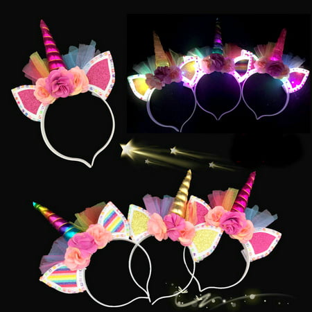 12 Light Up Unicorn Tulle Headbands Flower Flashing Ears Costume Horn Kids Magical Caticorn Recuerdos Unicornio