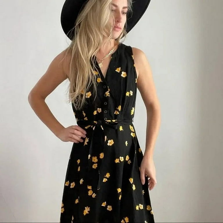 Knox Rose Womens Sleeveless Floral Dress, Black Yellow, Large